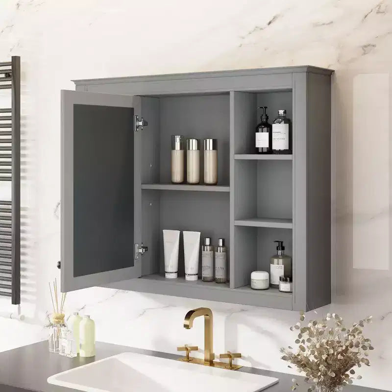Mobiletto da bagno a muro con specchio e 6 ripiani aperti, in MDF, salvaspazio