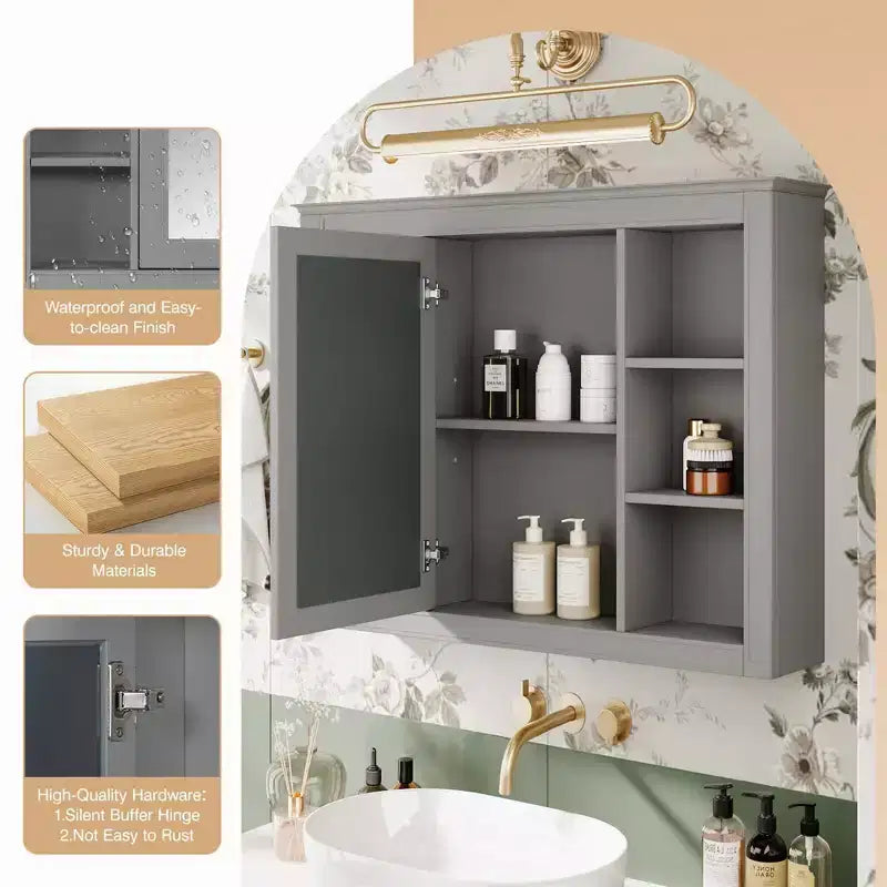 Mobiletto da bagno a muro con specchio e 6 ripiani aperti, in MDF, salvaspazio