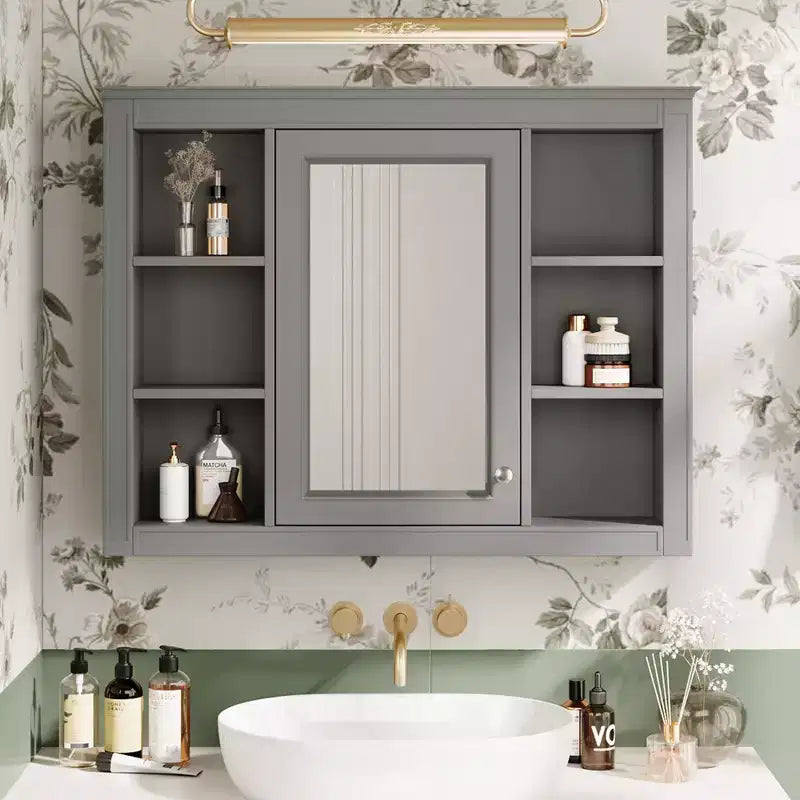 Mobiletto da bagno a muro con specchio e 6 ripiani aperti, in MDF, salvaspazio