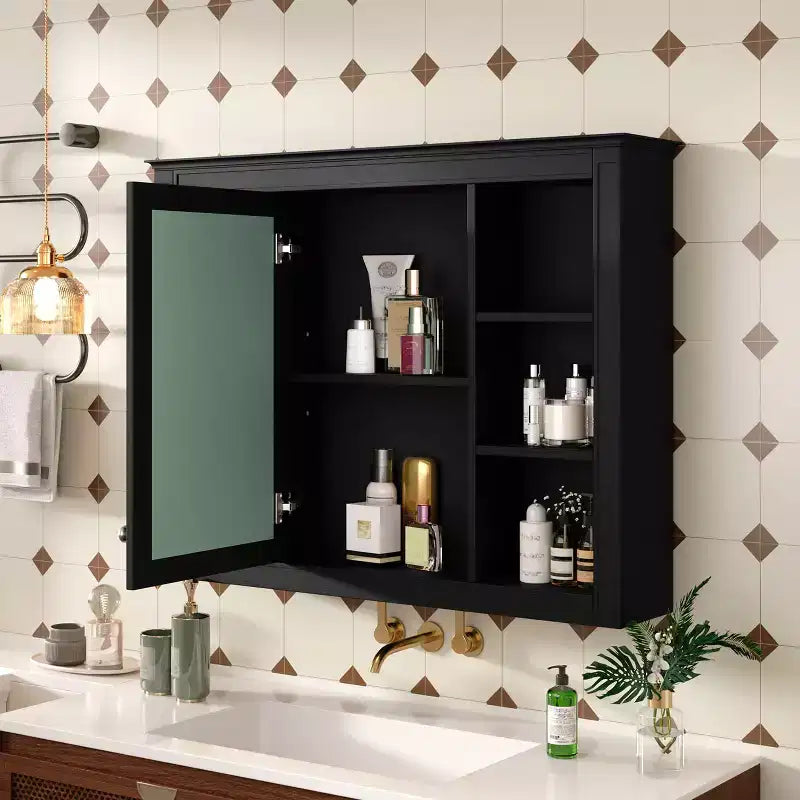 Mobiletto da bagno a muro con specchio e 6 ripiani aperti, in MDF, salvaspazio