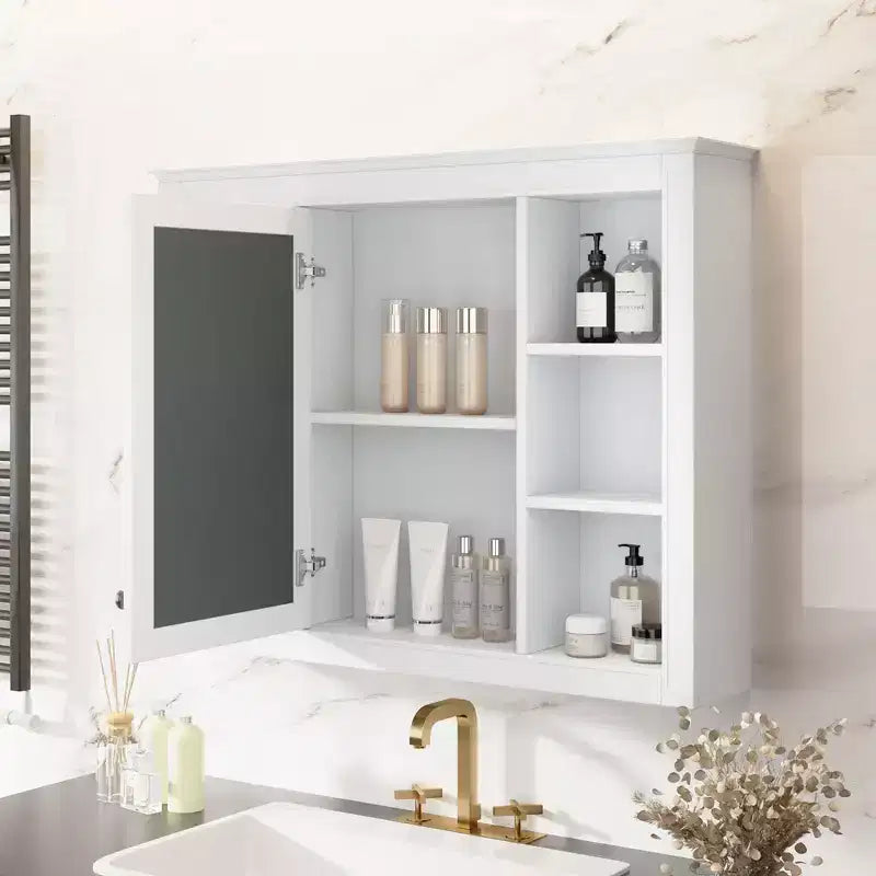 Mobiletto da bagno a muro con specchio e 6 ripiani aperti, in MDF, salvaspazio