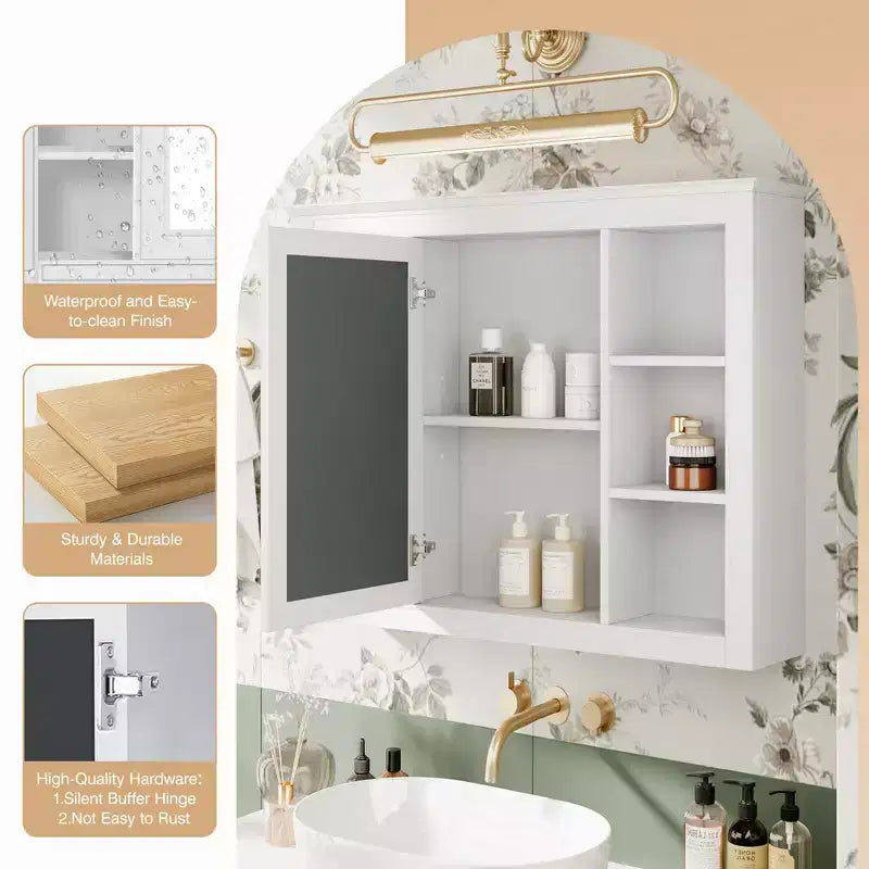 Mobiletto da bagno a muro con specchio e 6 ripiani aperti, in MDF, salvaspazio