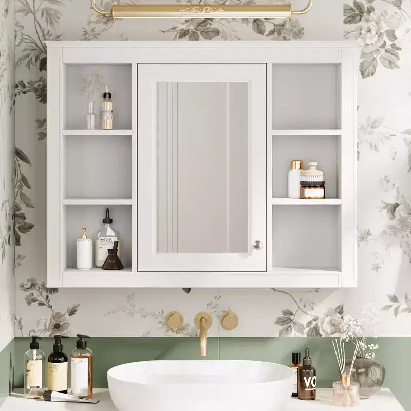 Mobiletto da bagno a muro con specchio e 6 ripiani aperti, in MDF, salvaspazio