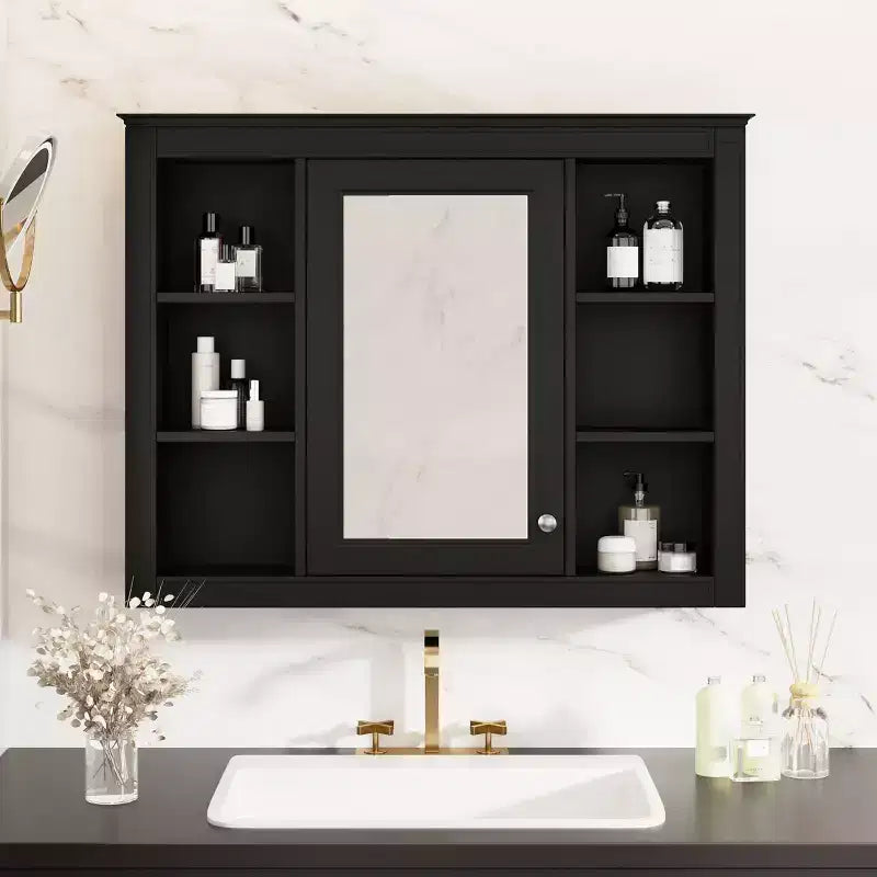 Mobiletto da bagno a muro con specchio e 6 ripiani aperti, in MDF, salvaspazio