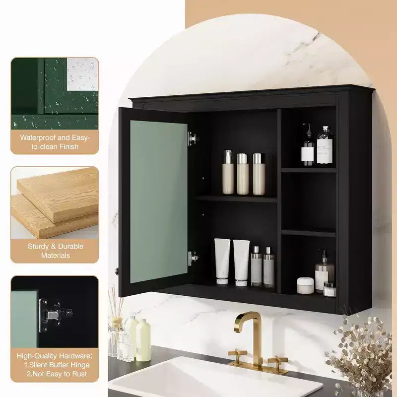 Mobiletto da bagno a muro con specchio e 6 ripiani aperti, in MDF, salvaspazio