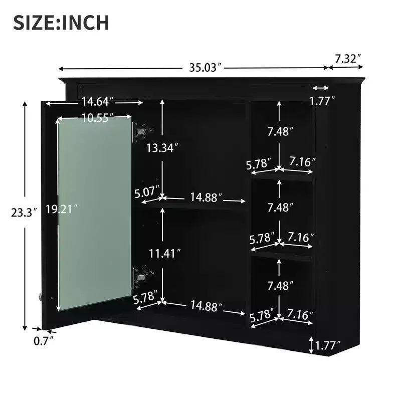 Mobiletto da bagno a muro con specchio e 6 ripiani aperti, in MDF, salvaspazio