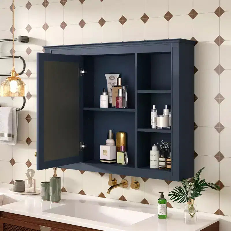 Mobiletto da bagno a muro con specchio e 6 ripiani aperti, in MDF, salvaspazio