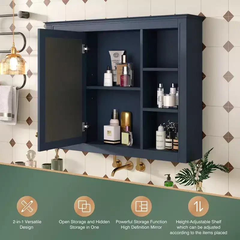 Mobiletto da bagno a muro con specchio e 6 ripiani aperti, in MDF, salvaspazio