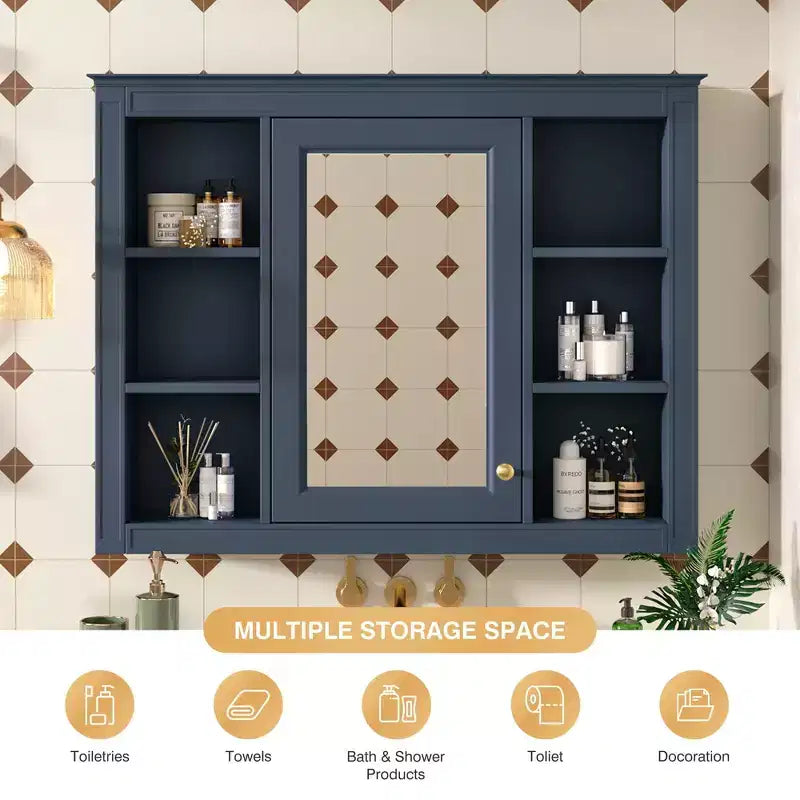 Mobiletto da bagno a muro con specchio e 6 ripiani aperti, in MDF, salvaspazio