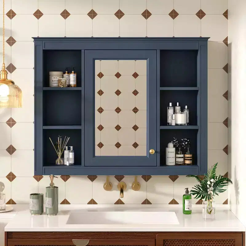 Mobiletto da bagno a muro con specchio e 6 ripiani aperti, in MDF, salvaspazio