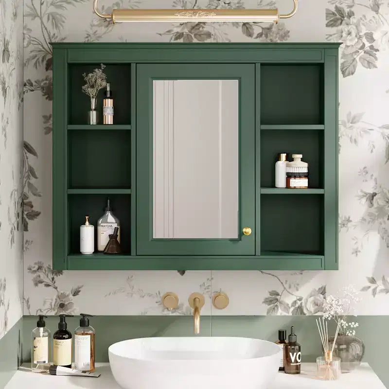 Mobiletto da bagno a muro con specchio e 6 ripiani aperti, in MDF, salvaspazio