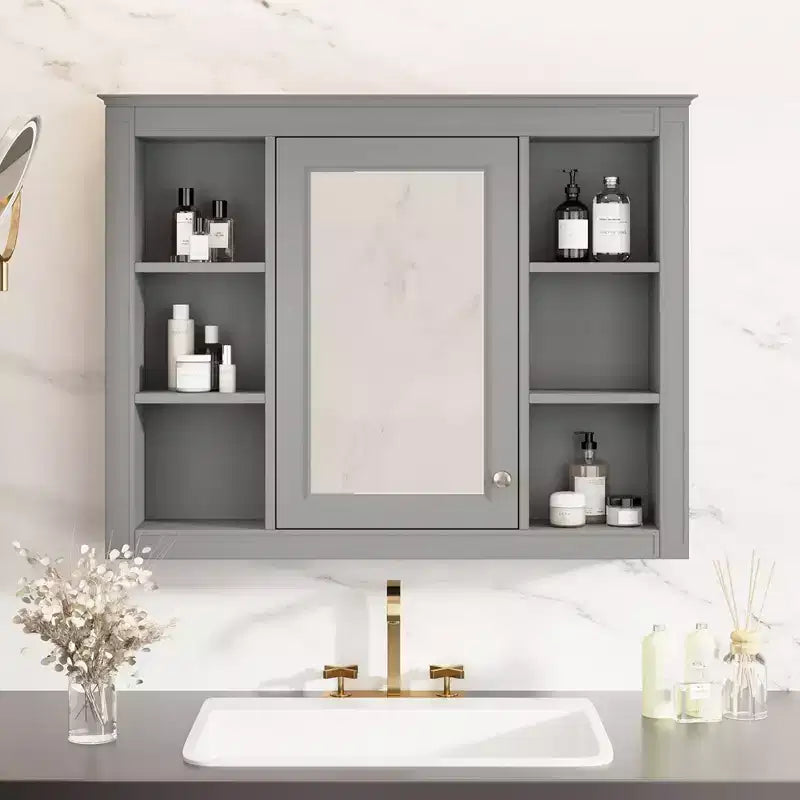 Mobiletto da bagno a muro con specchio e 6 ripiani aperti, in MDF, salvaspazio