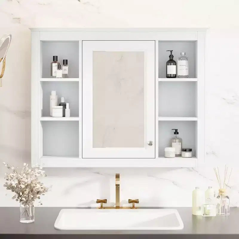 Mobiletto da bagno a muro con specchio e 6 ripiani aperti, in MDF, salvaspazio