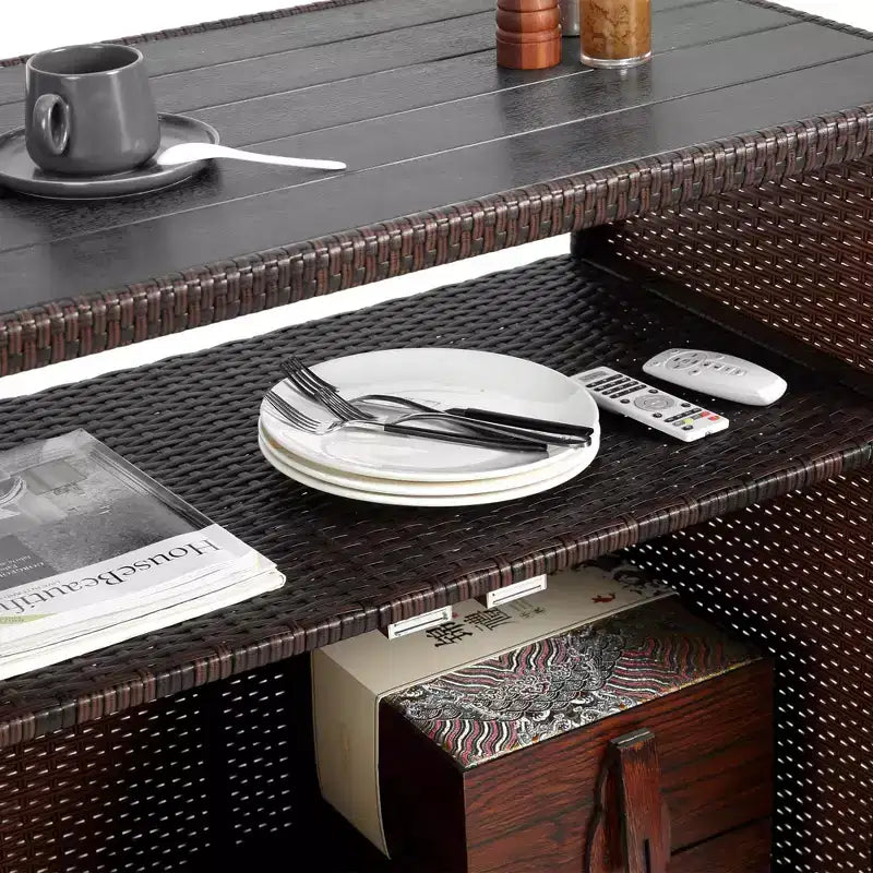 Carrello bar da esterno in vimini con ripiano in vetro, mobile, nero e marrone, 89 cm