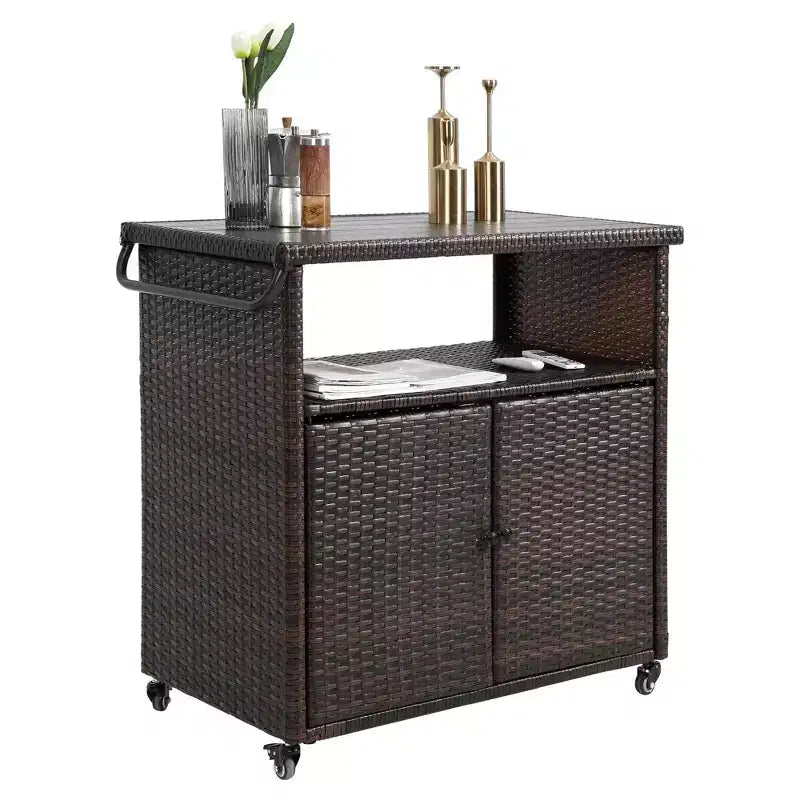Carrello bar da esterno in vimini con ripiano in vetro, mobile, nero e marrone, 89 cm