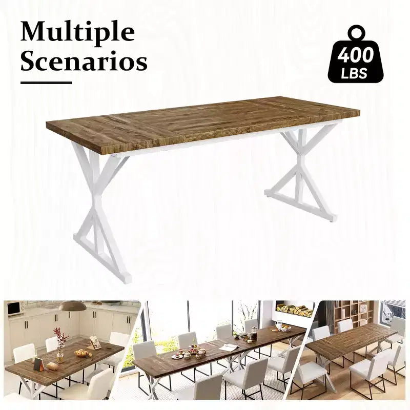 Tavolo da Pranzo 70.8" stile Farmhouse per 6 persone, con piano in legno rustico e base a croce in metallo, marrone