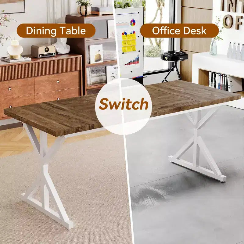 Tavolo da Pranzo 70.8" stile Farmhouse per 6 persone, con piano in legno rustico e base a croce in metallo, marrone