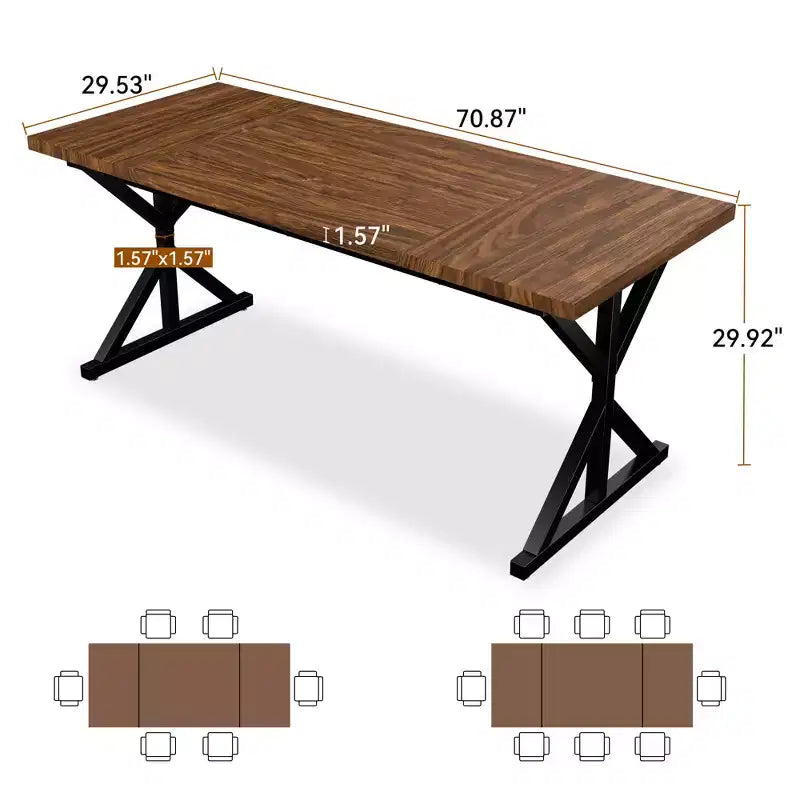 Tavolo da Pranzo 70.8" stile Farmhouse per 6 persone, con piano in legno rustico e base a croce in metallo, marrone