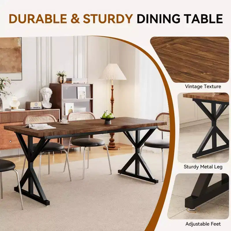 Tavolo da Pranzo 70.8" stile Farmhouse per 6 persone, con piano in legno rustico e base a croce in metallo, marrone