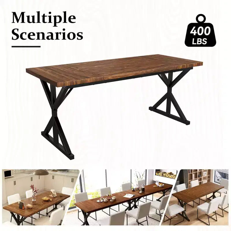 Tavolo da Pranzo 70.8" stile Farmhouse per 6 persone, con piano in legno rustico e base a croce in metallo, marrone
