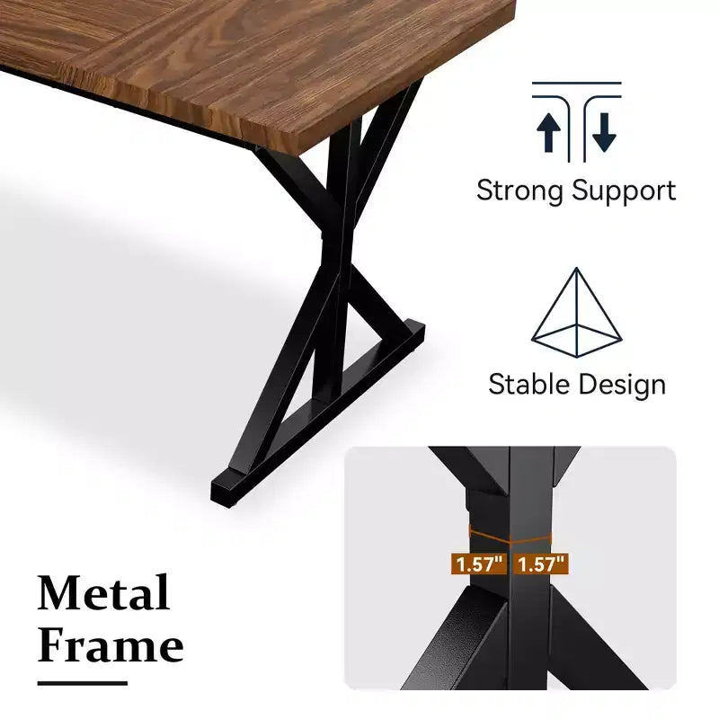 Tavolo da Pranzo 70.8" stile Farmhouse per 6 persone, con piano in legno rustico e base a croce in metallo, marrone