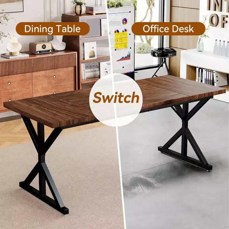 Tavolo da Pranzo 70.8" stile Farmhouse per 6 persone, con piano in legno rustico e base a croce in metallo, marrone