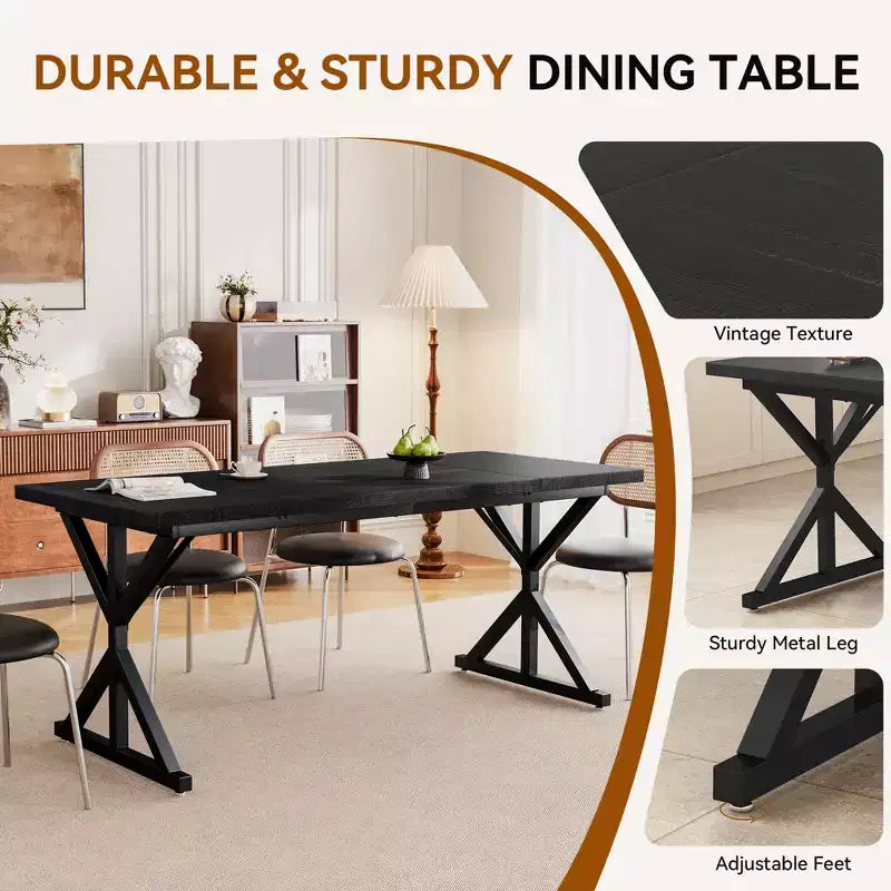 Tavolo da Pranzo 70.8" stile Farmhouse per 6 persone, con piano in legno rustico e base a croce in metallo, marrone