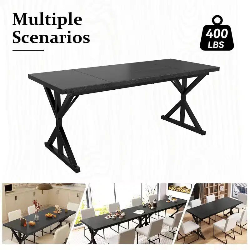 Tavolo da Pranzo 70.8" stile Farmhouse per 6 persone, con piano in legno rustico e base a croce in metallo, marrone