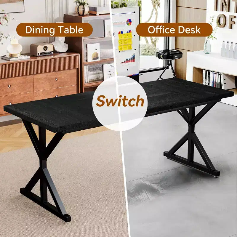 Tavolo da Pranzo 70.8" stile Farmhouse per 6 persone, con piano in legno rustico e base a croce in metallo, marrone