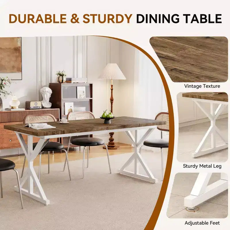 Tavolo da Pranzo 70.8" stile Farmhouse per 6 persone, con piano in legno rustico e base a croce in metallo, marrone
