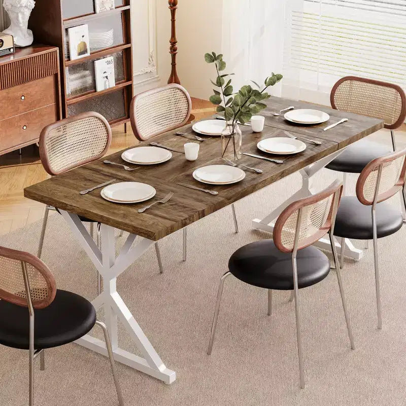 Tavolo da Pranzo 70.8" stile Farmhouse per 6 persone, con piano in legno rustico e base a croce in metallo, marrone