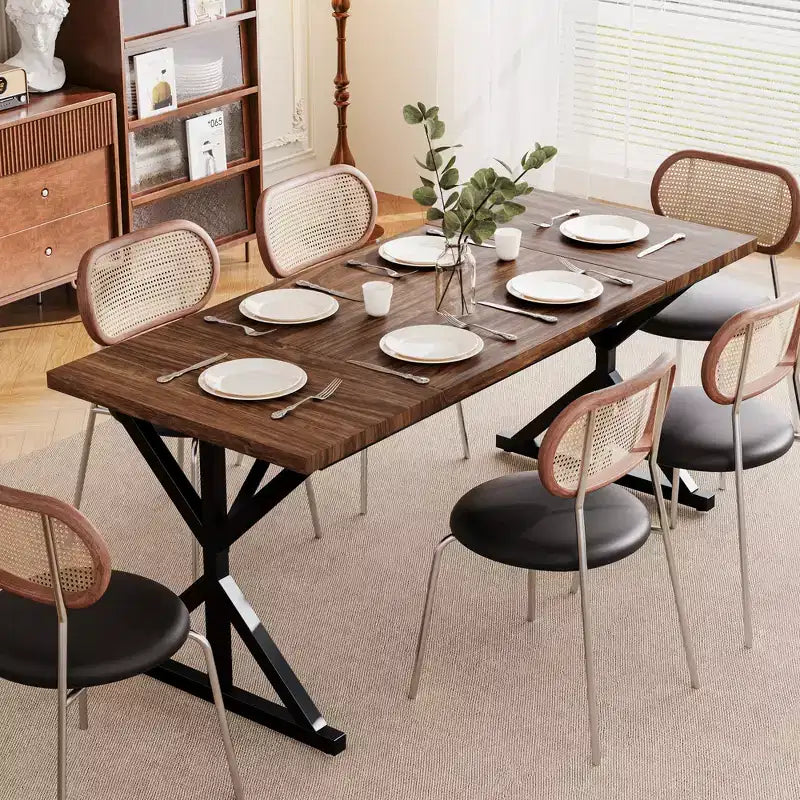 Tavolo da Pranzo 70.8" stile Farmhouse per 6 persone, con piano in legno rustico e base a croce in metallo, marrone