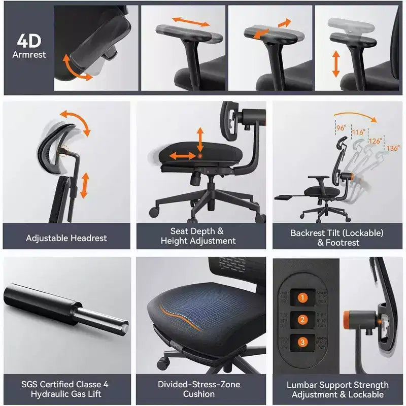 Sedia da Ufficio Ergonomica con Poggiapiedi, Schienale Auto-Seguente, Braccioli 4D, 136 kg