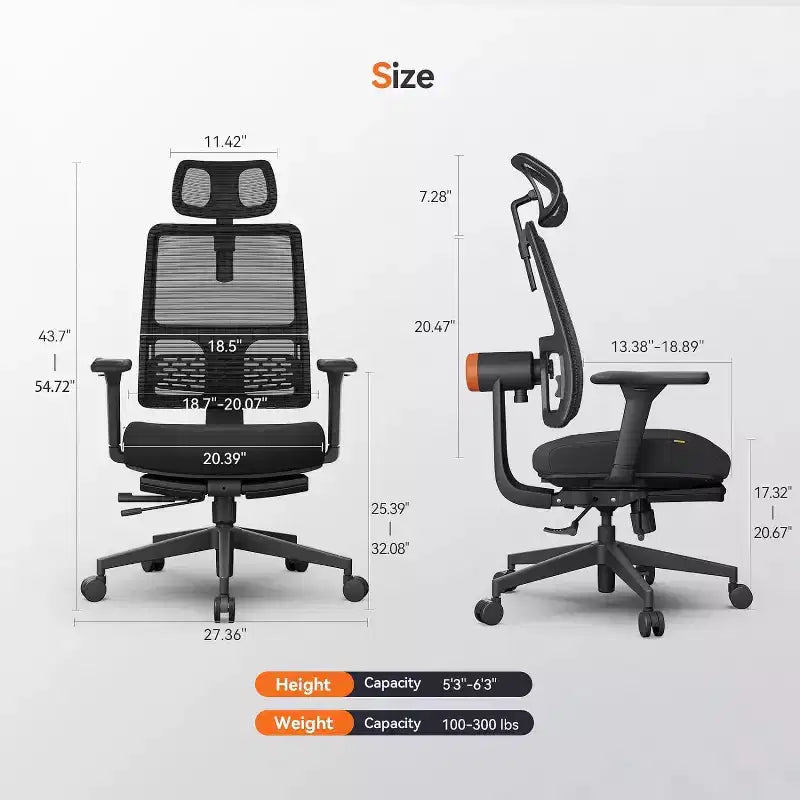 Sedia da Ufficio Ergonomica con Poggiapiedi, Schienale Auto-Seguente, Braccioli 4D, 136 kg
