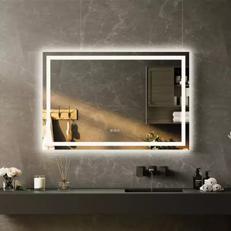 Specchio da bagno a LED senza cornice 60x36", illuminazione frontale e retroilluminazione, antiappannamento, lente d'ingrandimento 3x