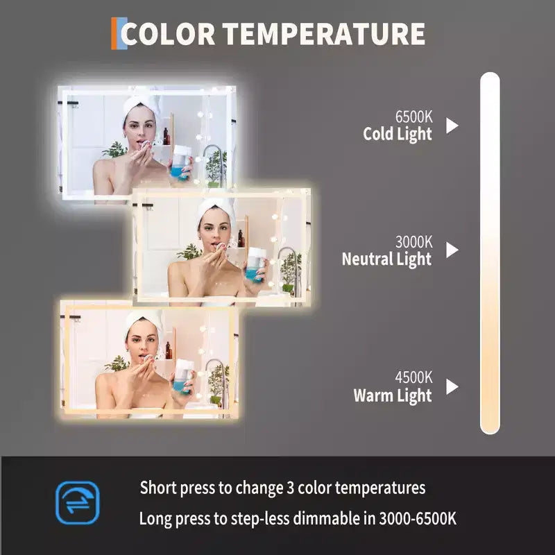 Specchio da bagno a LED senza cornice 60x36", illuminazione frontale e retroilluminazione, antiappannamento, lente d'ingrandimento 3x