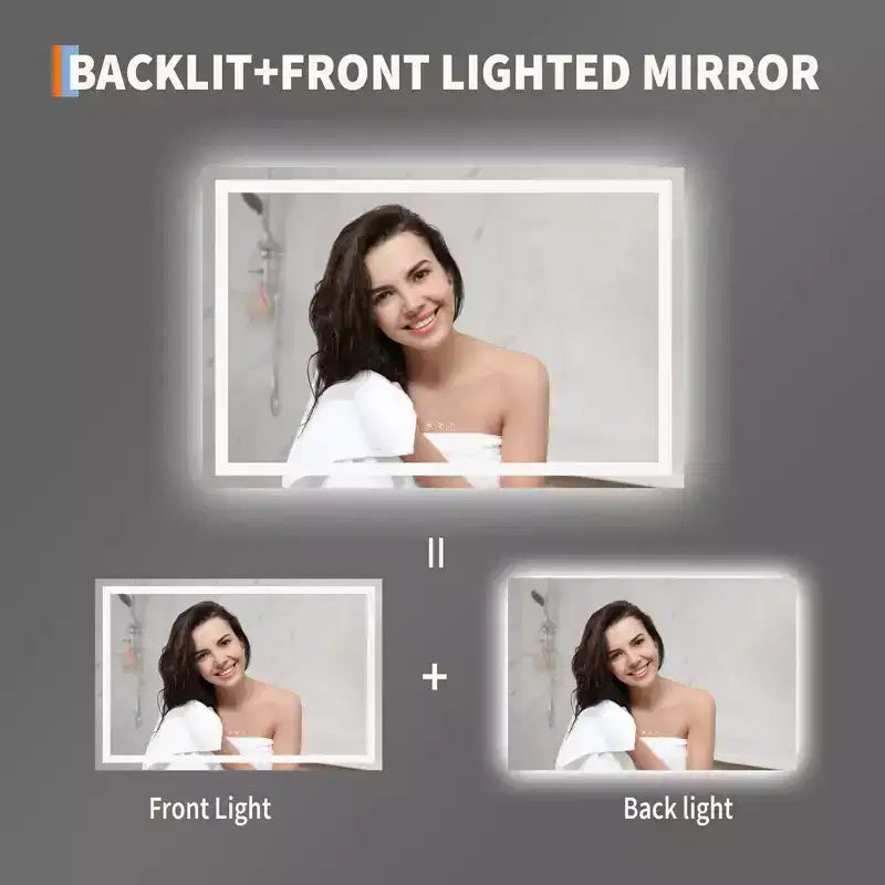 Specchio da bagno a LED senza cornice 60x36", illuminazione frontale e retroilluminazione, antiappannamento, lente d'ingrandimento 3x