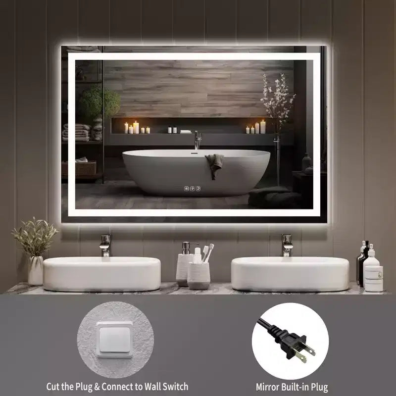 Specchio da bagno a LED senza cornice 60x36", illuminazione frontale e retroilluminazione, antiappannamento, lente d'ingrandimento 3x