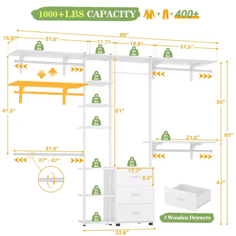 Sistema Organizzatore per Armadio con Scaffalature a Torre e 3 Cassetti, 244x203 cm, Capacità 544 kg