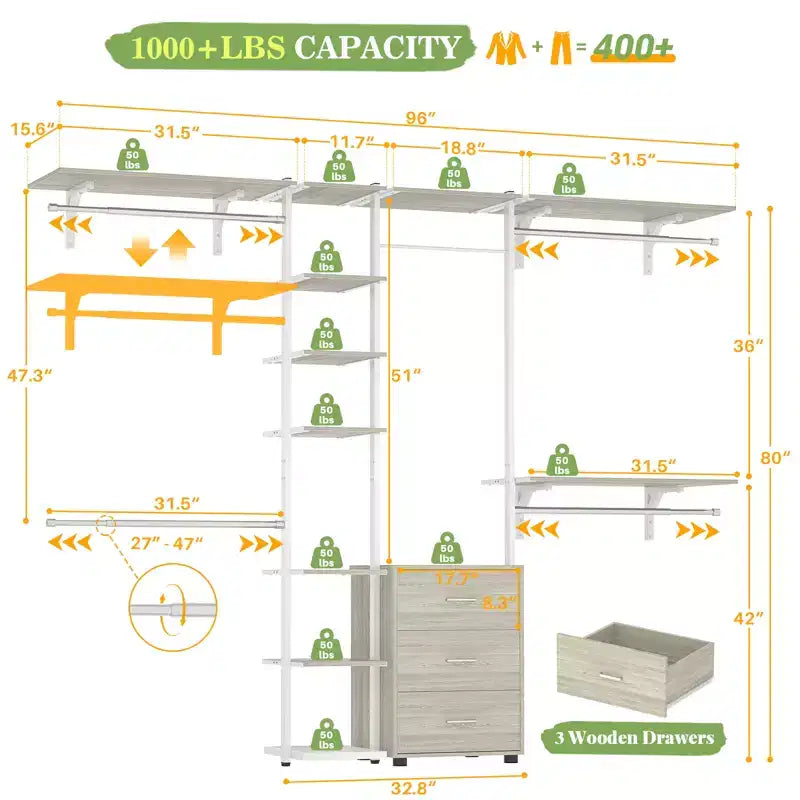 Sistema Organizzatore per Armadio con Scaffalature a Torre e 3 Cassetti, 244x203 cm, Capacità 544 kg