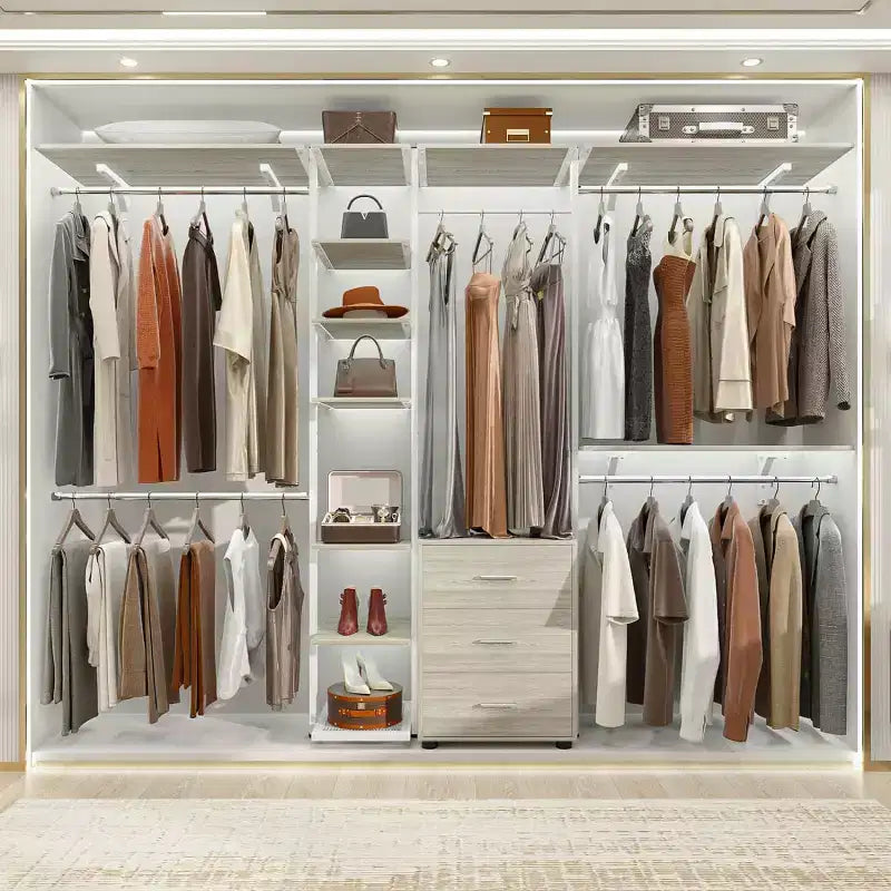 Besiost Closet Organizer System with Tower Shelving, Heavy-duty Clothing Rack with Wood Drawers
