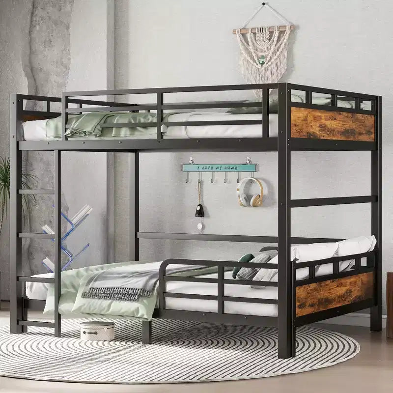 Letto a castello/a soppalco in metallo, separabile, Full XL su Full XL, colore legno vintage