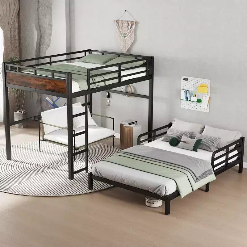 Letto a castello/a soppalco in metallo, separabile, Full XL su Full XL, colore legno vintage
