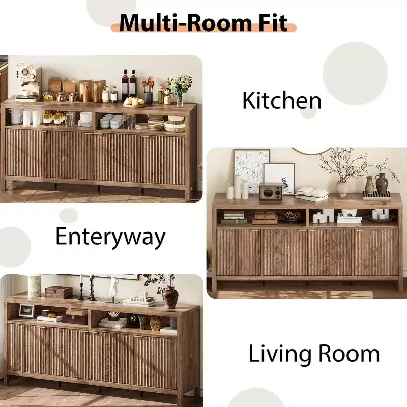 Credenza a 4 ante ad incasso, Credenza da cucina grande, Credenza da buffet di metà secolo Tavolino da caffè Bar Credenza in legno per soggiorno Sala da pranzo Ingresso