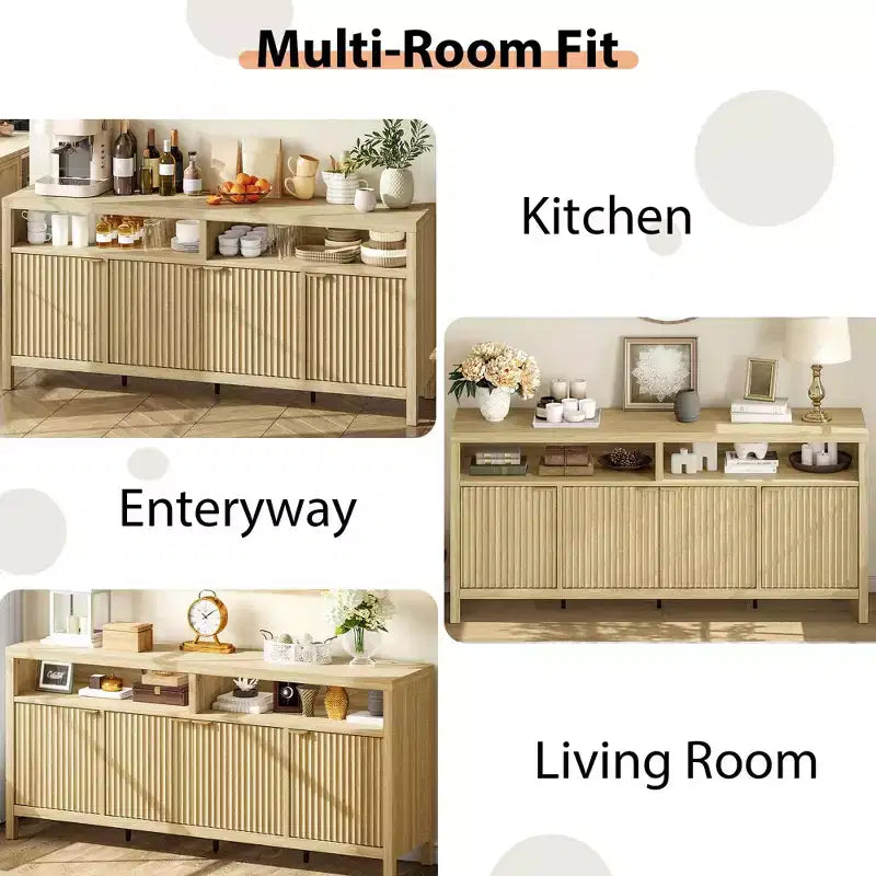 Credenza a 4 ante ad incasso, Credenza da cucina grande, Credenza da buffet di metà secolo Tavolino da caffè Bar Credenza in legno per soggiorno Sala da pranzo Ingresso