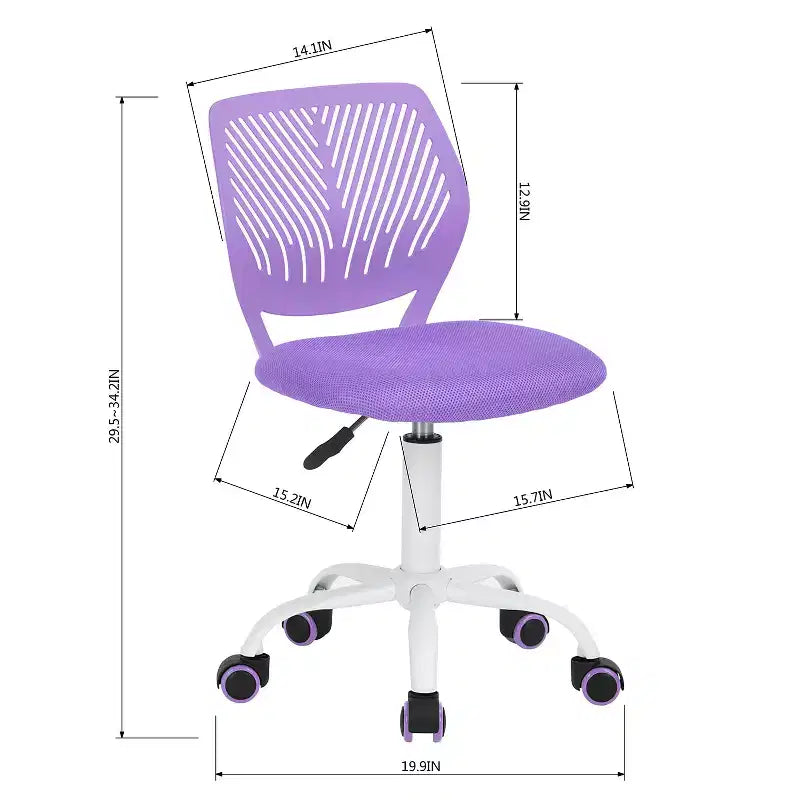 FurnitureR Sedia da Scrivania Piccola Sedia da Studio Senza Braccioli per Ragazzi, Sedia da Ufficio Girevole Leggera con Ruote e Cuscino Imbottito in Rete, Viola