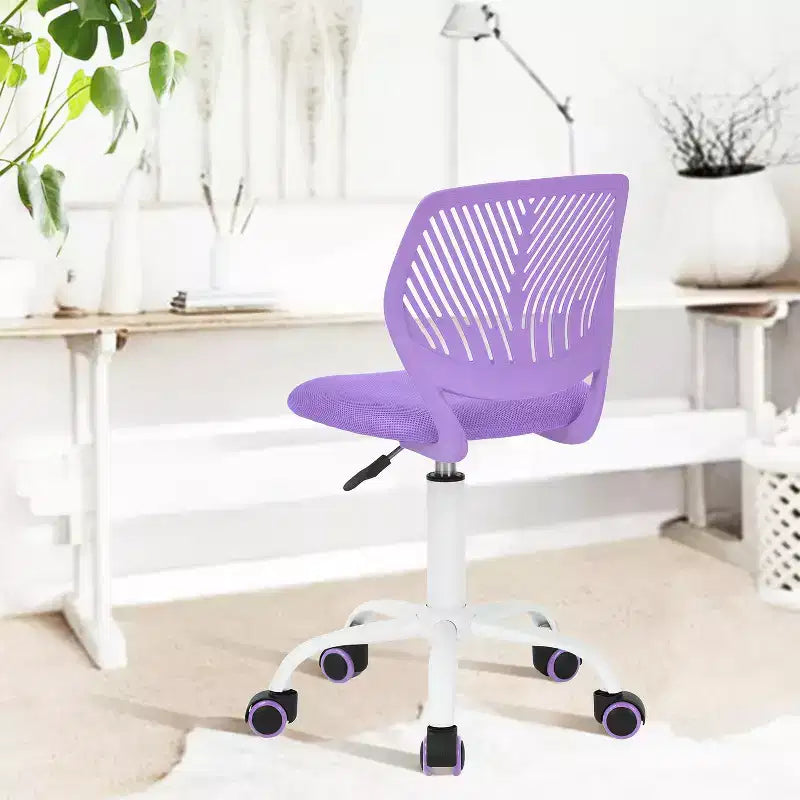 FurnitureR Sedia da Scrivania Piccola Sedia da Studio Senza Braccioli per Ragazzi, Sedia da Ufficio Girevole Leggera con Ruote e Cuscino Imbottito in Rete, Viola