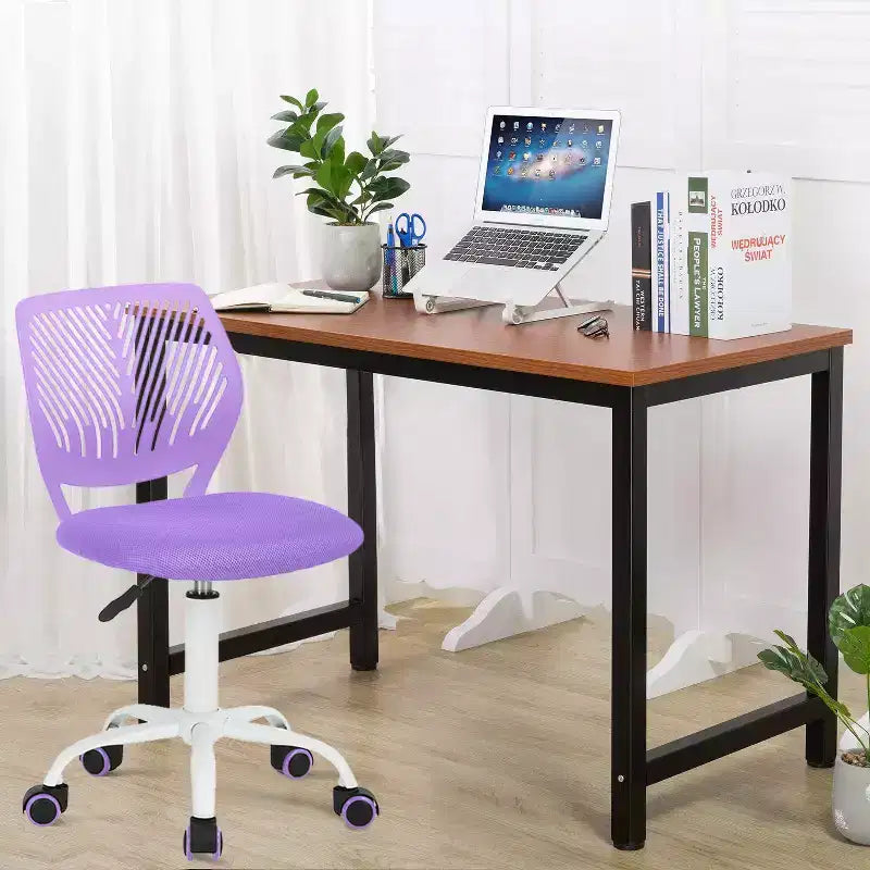 FurnitureR Sedia da Scrivania Piccola Sedia da Studio Senza Braccioli per Ragazzi, Sedia da Ufficio Girevole Leggera con Ruote e Cuscino Imbottito in Rete, Viola