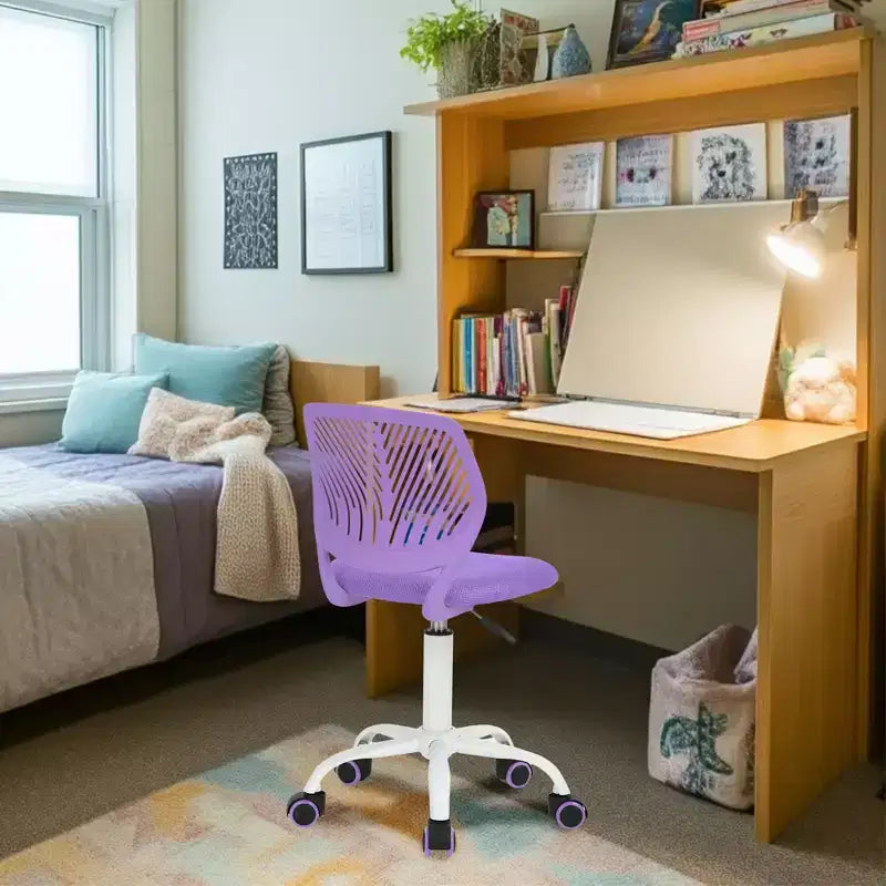 FurnitureR Sedia da Scrivania Piccola Sedia da Studio Senza Braccioli per Ragazzi, Sedia da Ufficio Girevole Leggera con Ruote e Cuscino Imbottito in Rete, Viola