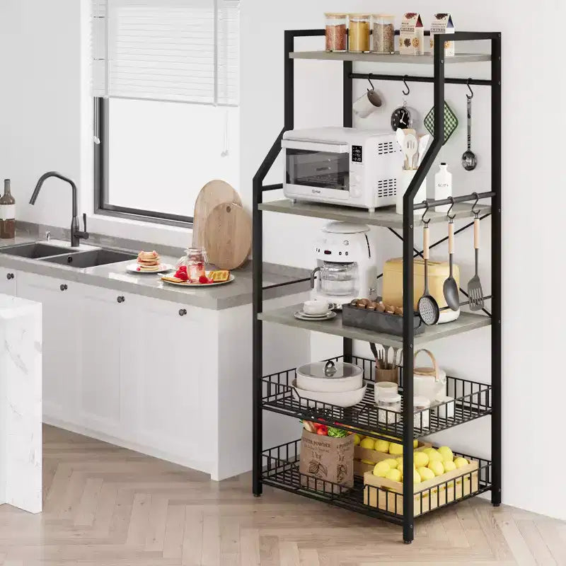 COZONY Scaffale da Cucina a 5 Livelli con Ripiani e Ganci, Struttura in Metallo per Microonde e Stazione Caffè